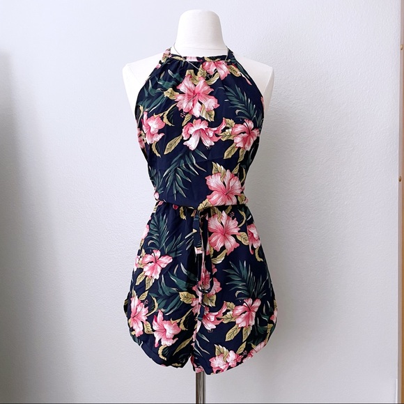 Navy Floral Waist Tie Shorts One Piece Romper